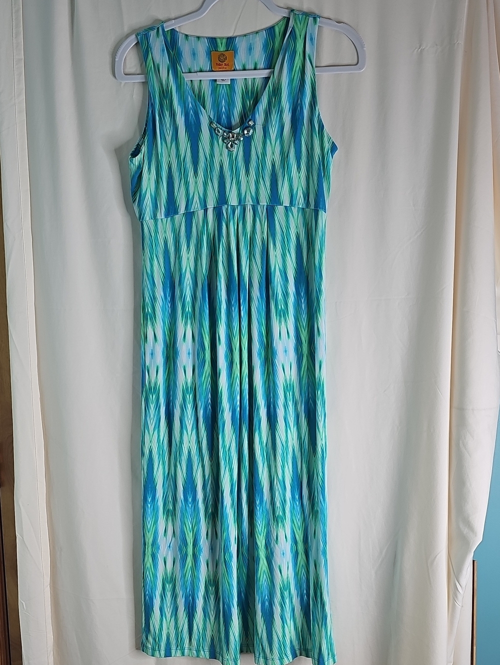Ruby Rd. Teal and Blue Sleeveless Maxi Dress with Jeweled Neckline